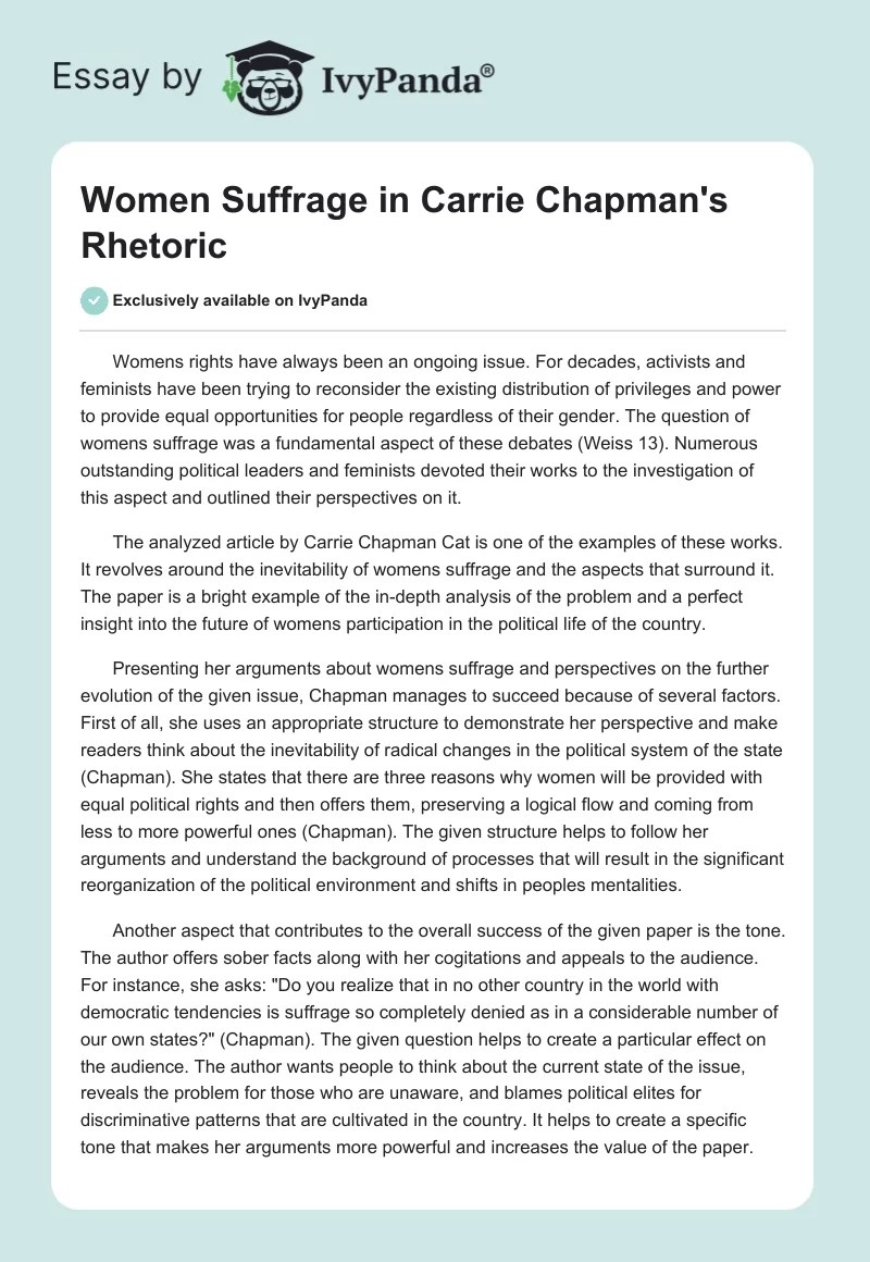 Women Suffrage in Carrie Chapman's Rhetoric. Page 1