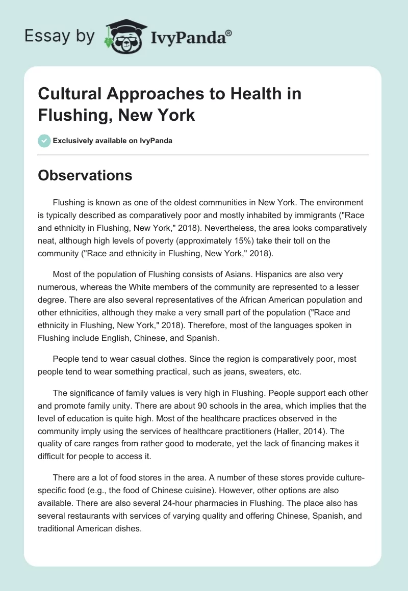 Cultural Approaches to Health in Flushing, New York. Page 1