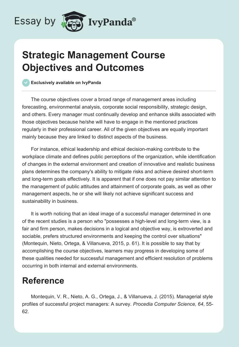 Strategic Management Course Objectives and Outcomes. Page 1