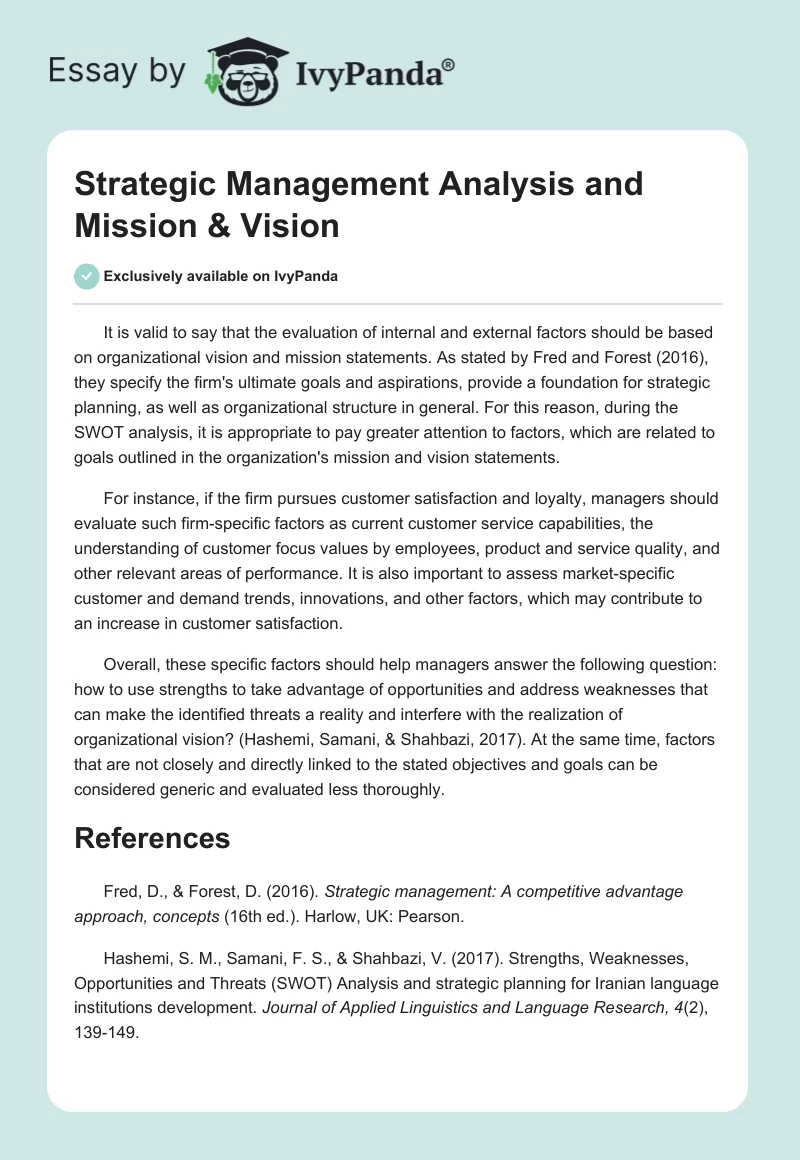 Strategic Management Analysis and Mission & Vision. Page 1
