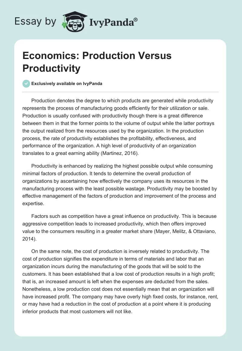 Economics: Production Versus Productivity. Page 1