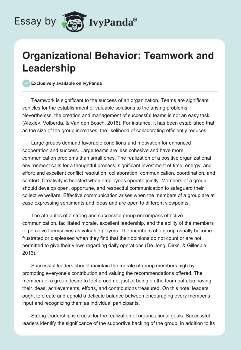 Organizational Behavior: Teamwork and Leadership. Page 1
