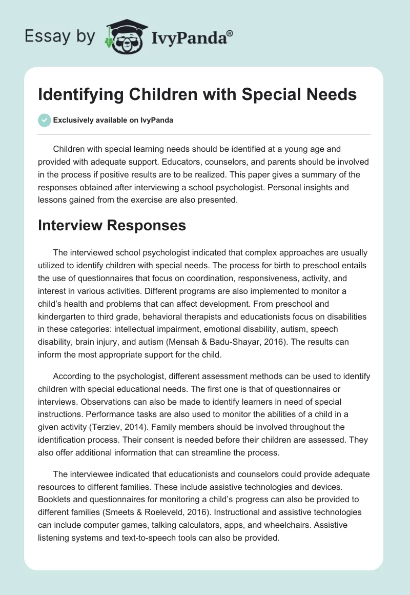 Identifying Children with Special Needs. Page 1
