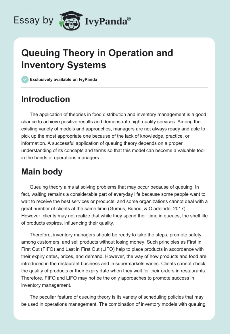 Queuing Theory in Operation and Inventory Systems. Page 1