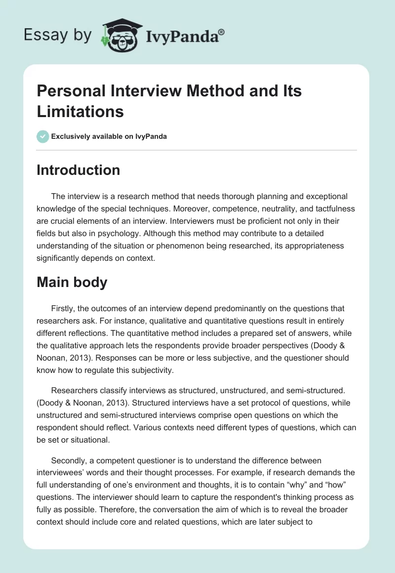 Personal Interview Method and Its Limitations. Page 1