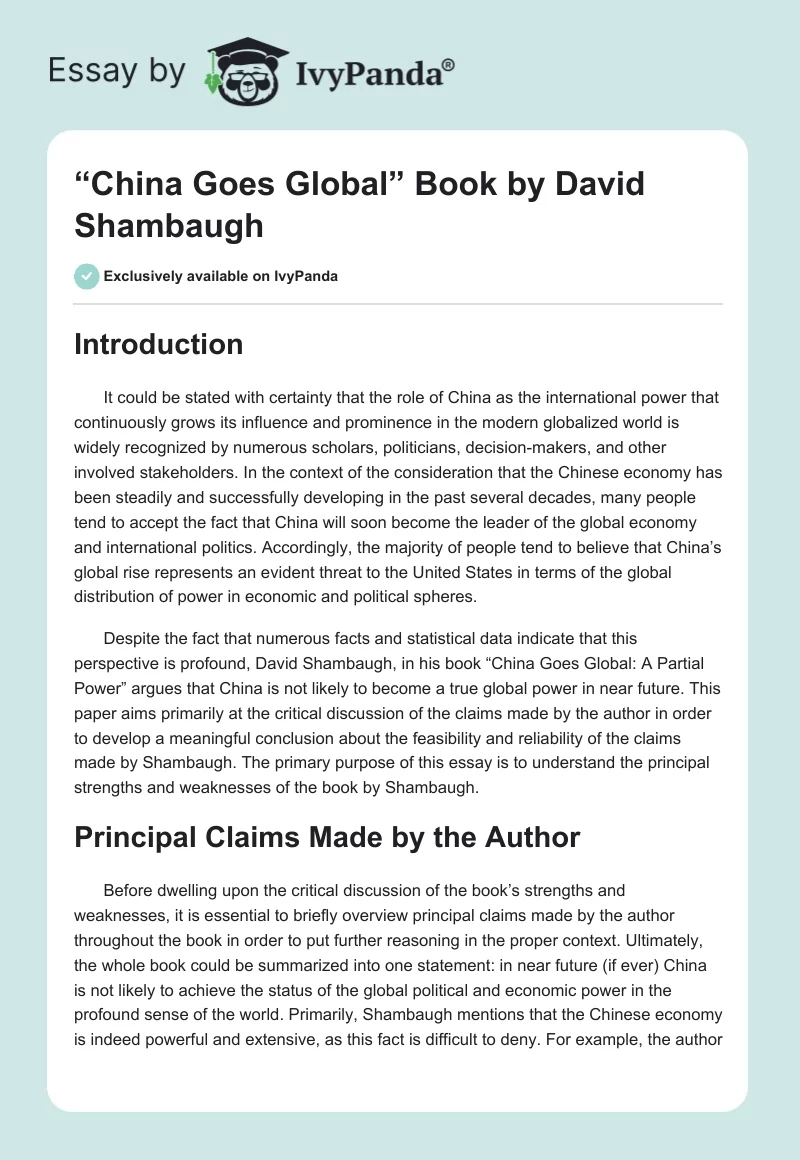 “China Goes Global” Book by David Shambaugh. Page 1