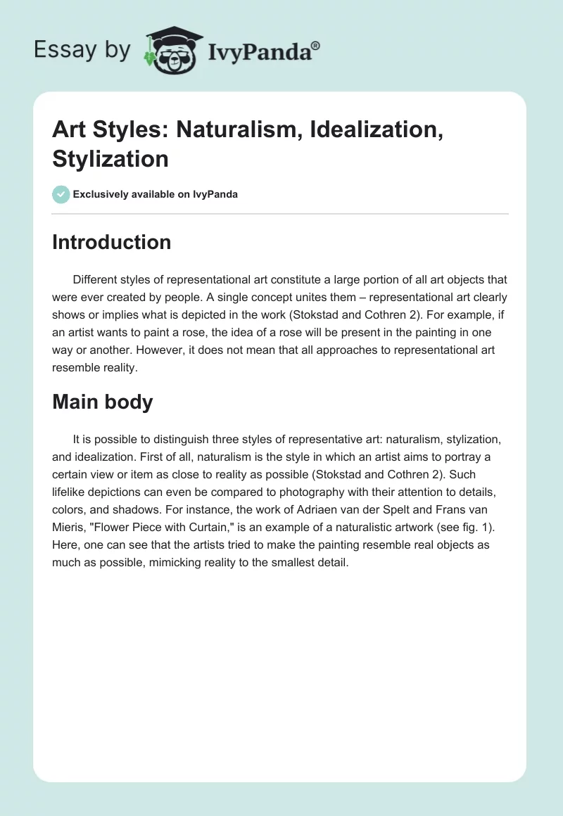 Art Styles: Naturalism, Idealization, Stylization. Page 1
