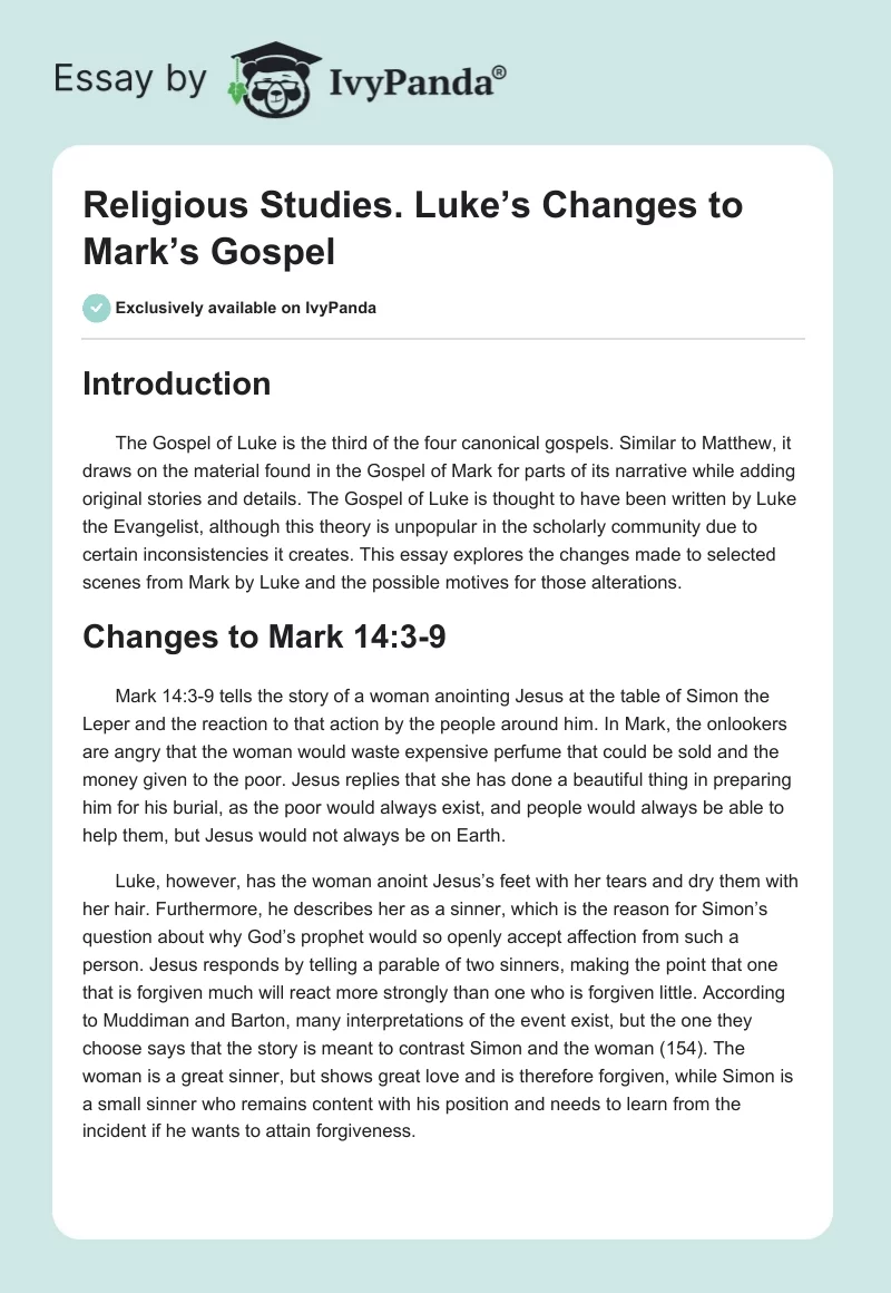 Religious Studies. Luke’s Changes to Mark’s Gospel. Page 1