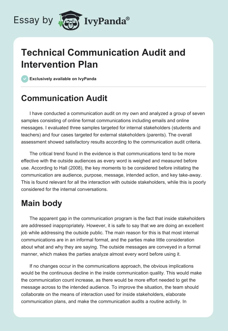 Technical Communication Audit and Intervention Plan. Page 1