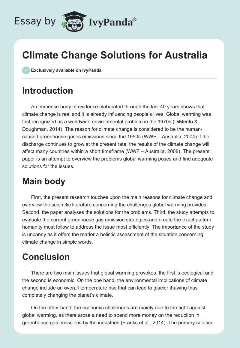 Climate Change Solutions for Australia. Page 1