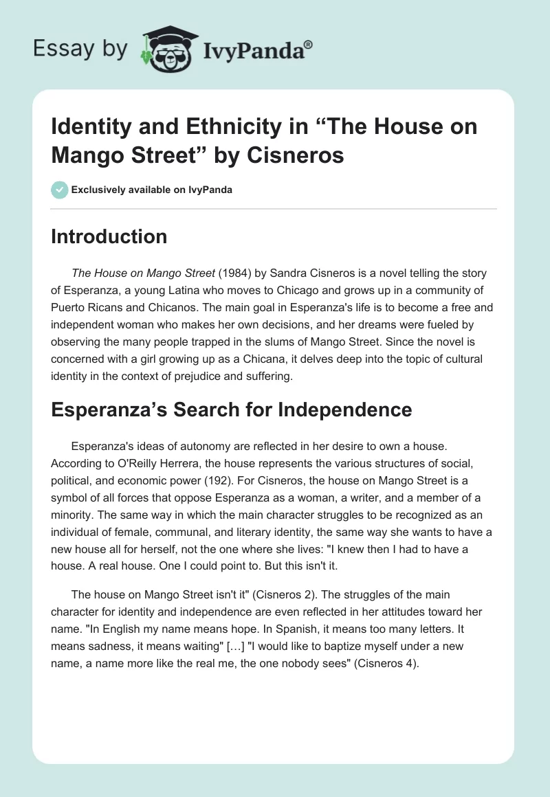 Identity and Ethnicity in “The House on Mango Street” by Cisneros. Page 1