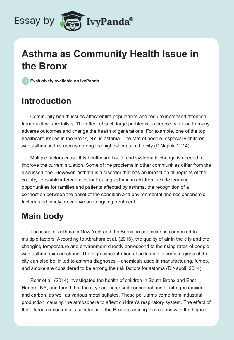 Asthma as Community Health Issue in the Bronx. Page 1