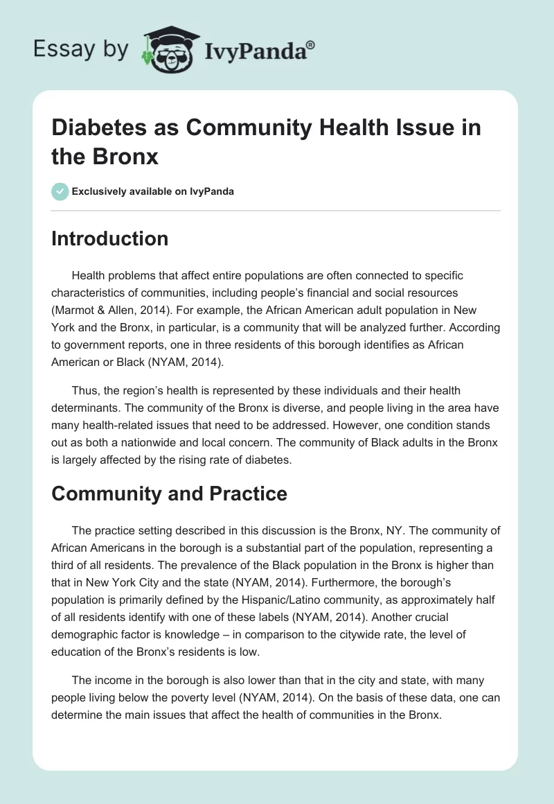 Diabetes as Community Health Issue in the Bronx. Page 1