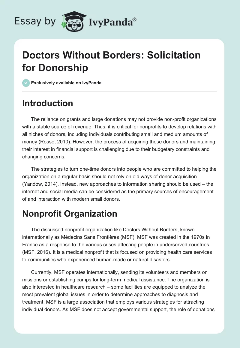 Doctors Without Borders: Solicitation for Donorship. Page 1