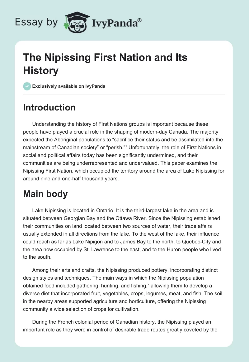 The Nipissing First Nation and Its History. Page 1