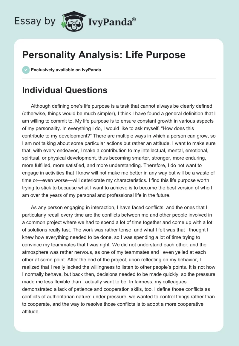Personality Analysis: Life Purpose. Page 1