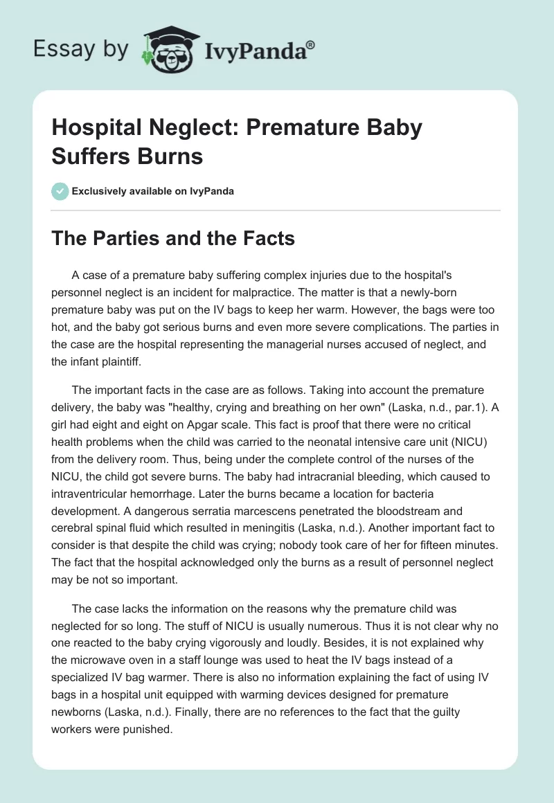 Hospital Neglect: Premature Baby Suffers Burns. Page 1