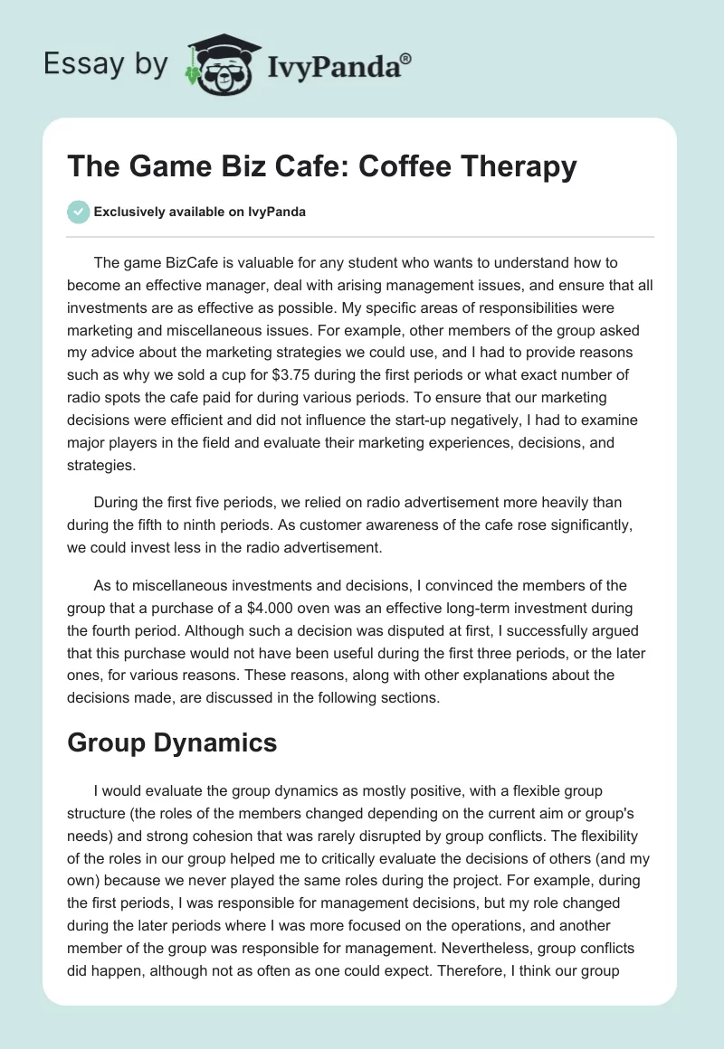 Core Business Concepts of Bizcafe Simulation: How to Win?. Page 1