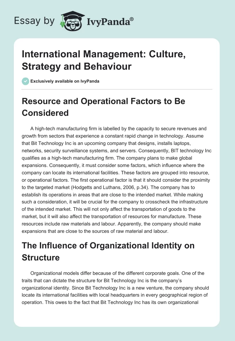 International Management: Culture, Strategy and Behaviour. Page 1