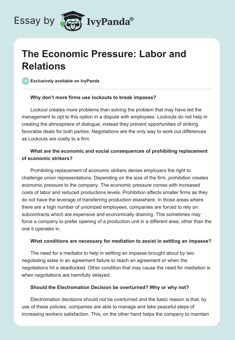 The Economic Pressure: Labor and Relations. Page 1