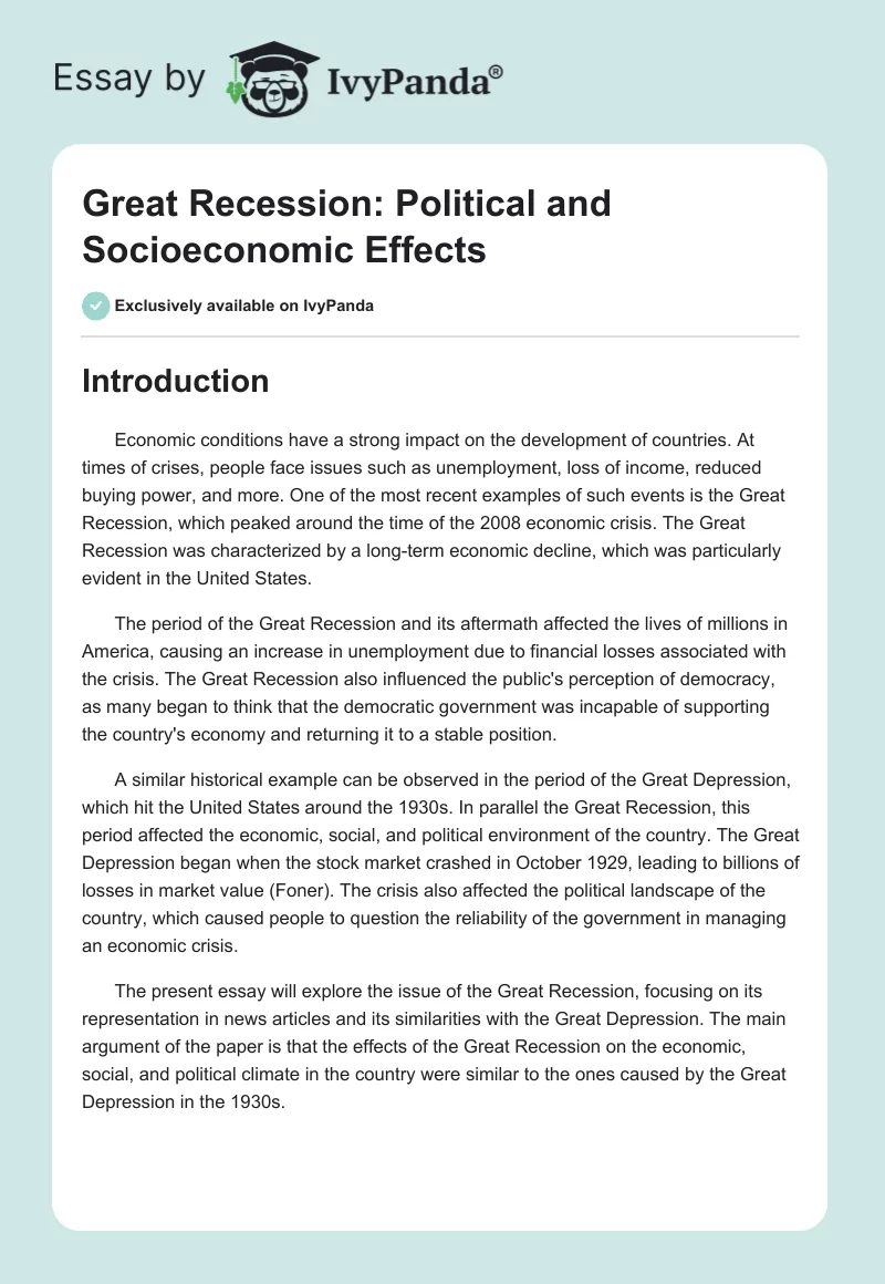 Great Recession: Political and Socioeconomic Effects. Page 1