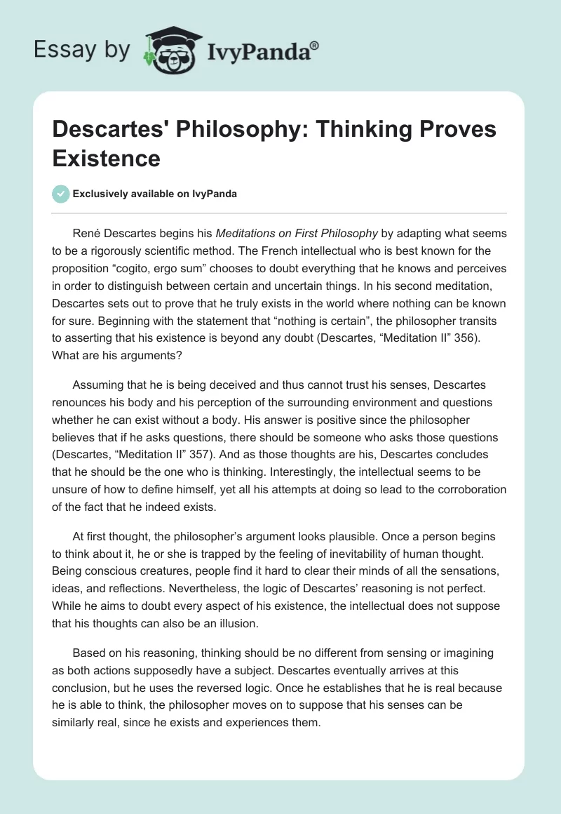 Descartes' Philosophy: Thinking Proves Existence. Page 1