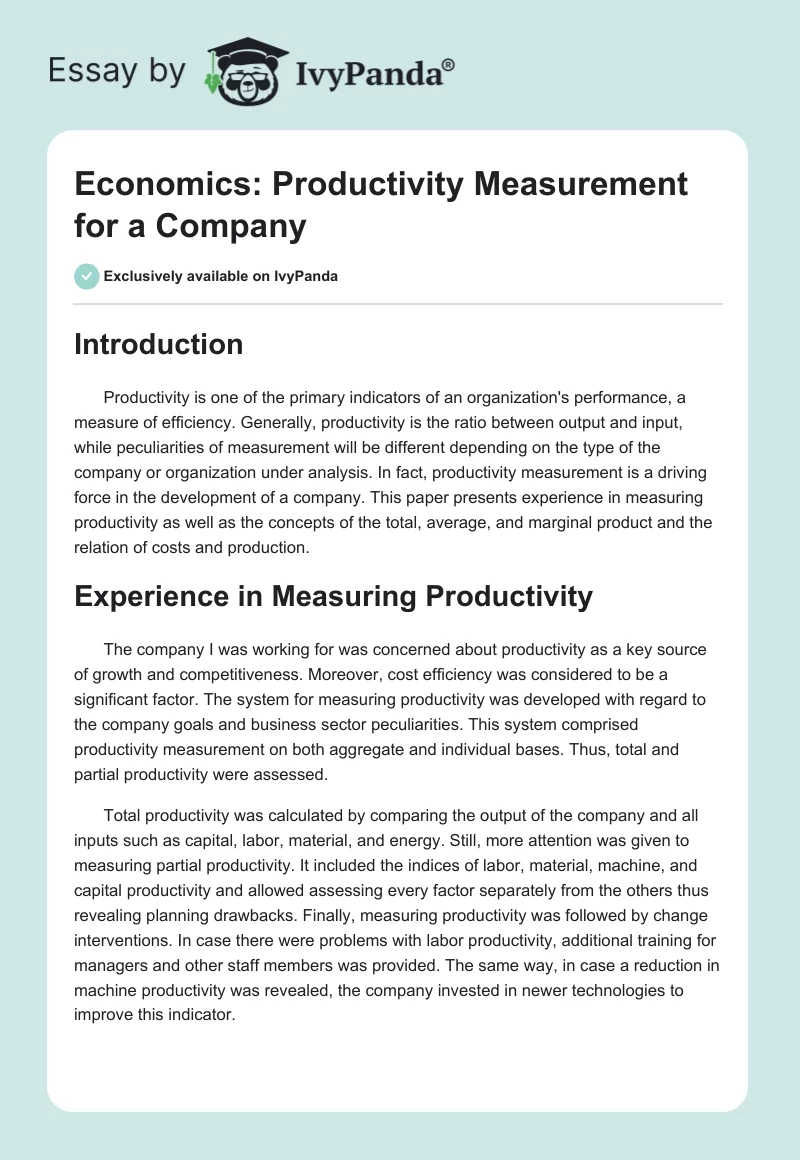 Economics: Productivity Measurement for a Company. Page 1