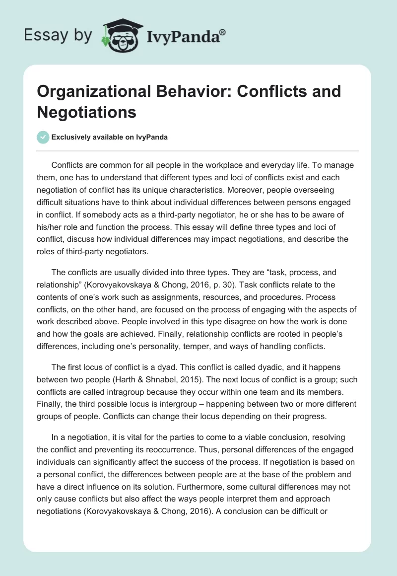 Organizational Behavior: Conflicts and Negotiations. Page 1