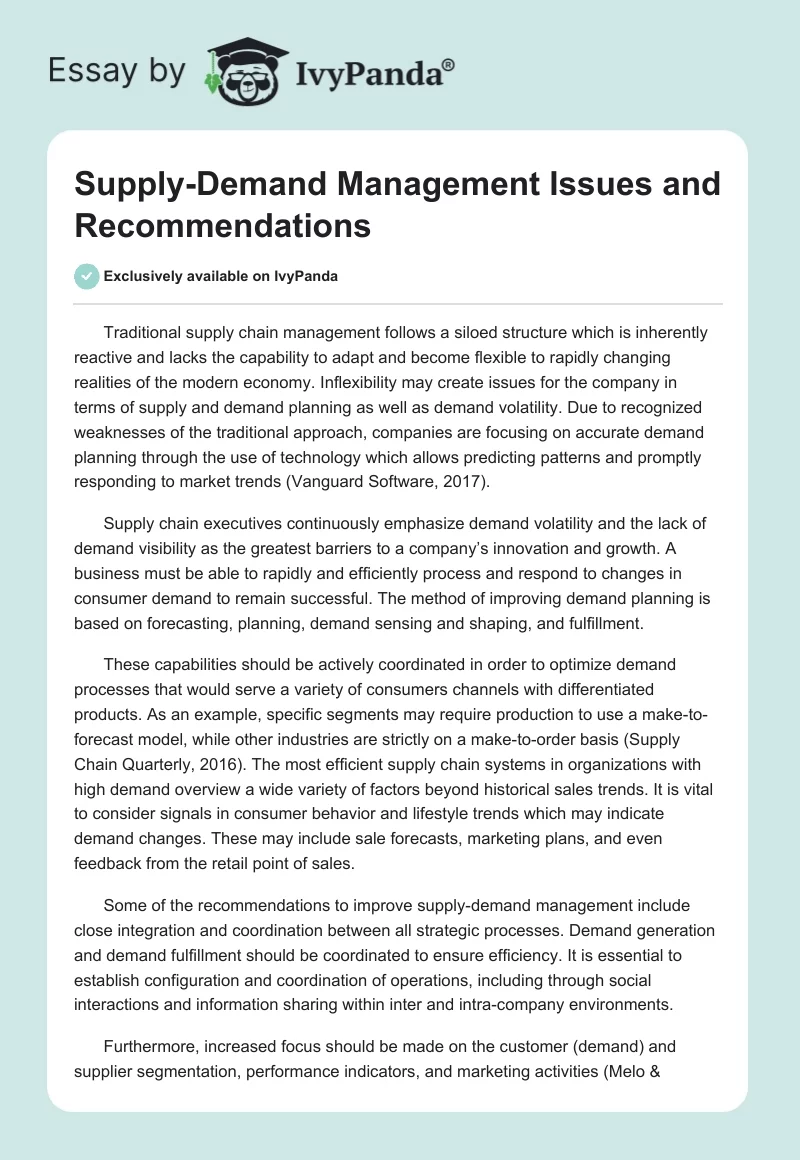 Supply-Demand Management Issues and Recommendations. Page 1