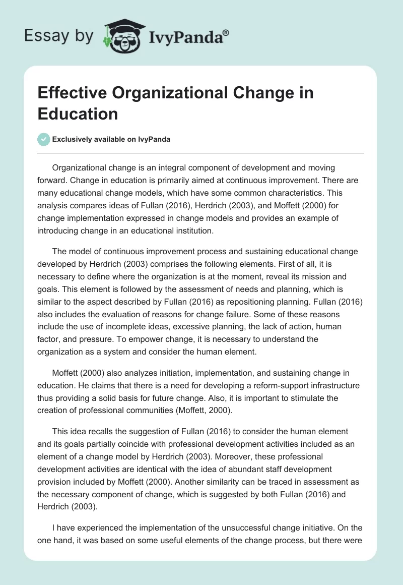 Effective Organizational Change in Education. Page 1