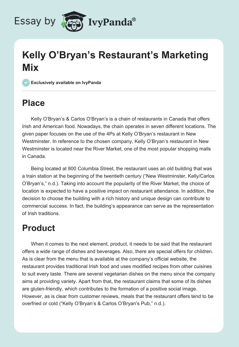 Kelly O’Bryan’s Restaurant’s Marketing Mix. Page 1