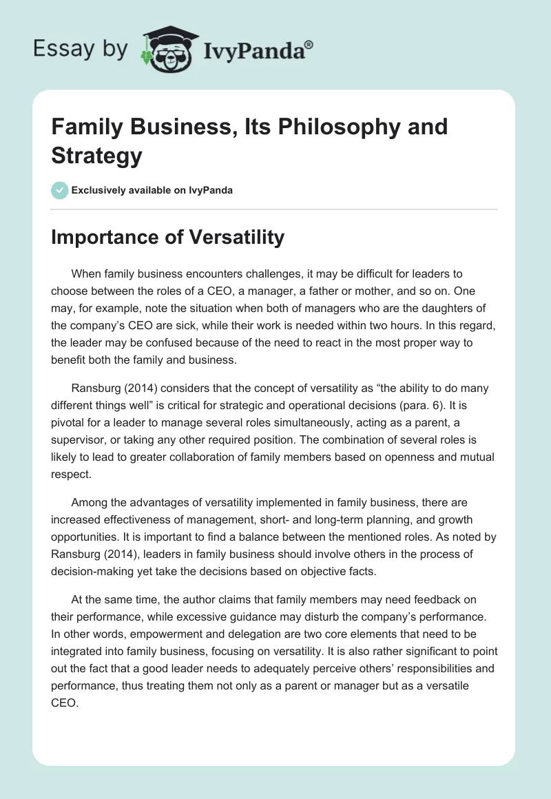 Family Business, Its Philosophy and Strategy. Page 1