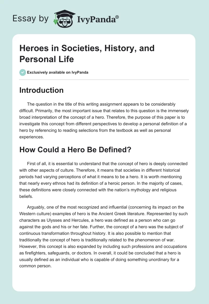 Heroes in Societies, History, and Personal Life. Page 1