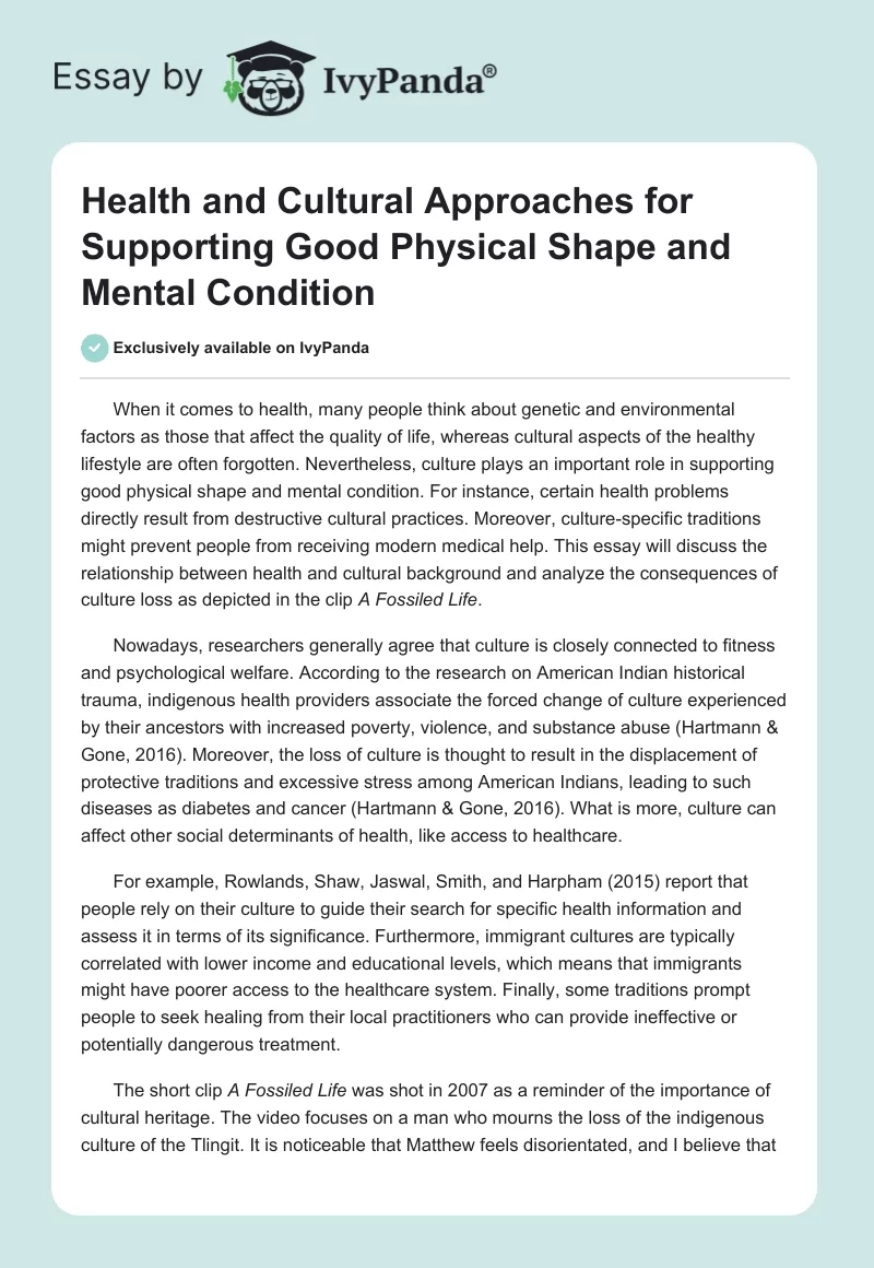 Health and Cultural Approaches for Supporting Good Physical Shape and Mental Condition. Page 1