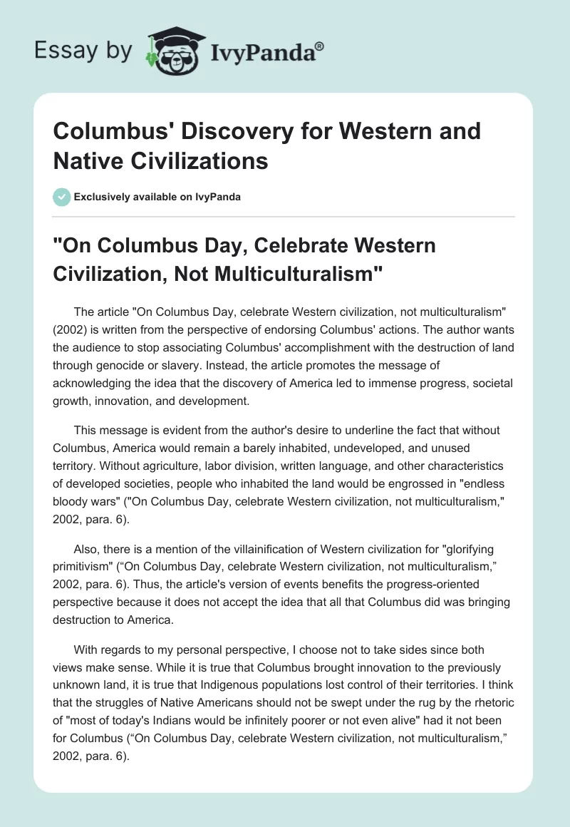 Columbus' Discovery for Western and Native Civilizations. Page 1
