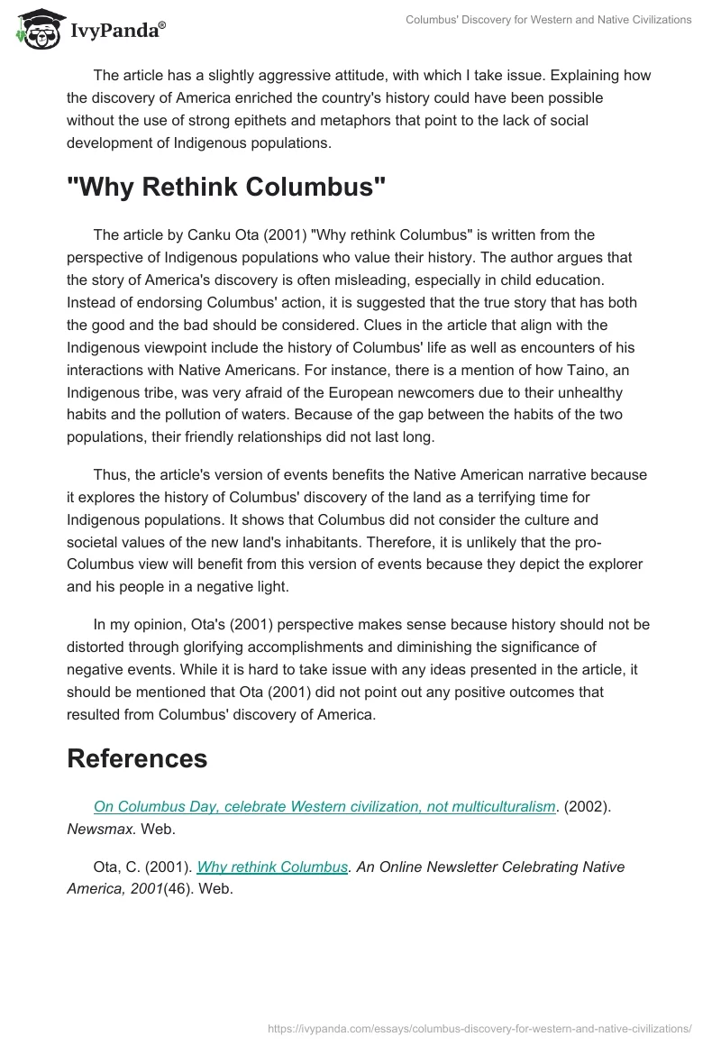 Columbus' Discovery for Western and Native Civilizations. Page 2