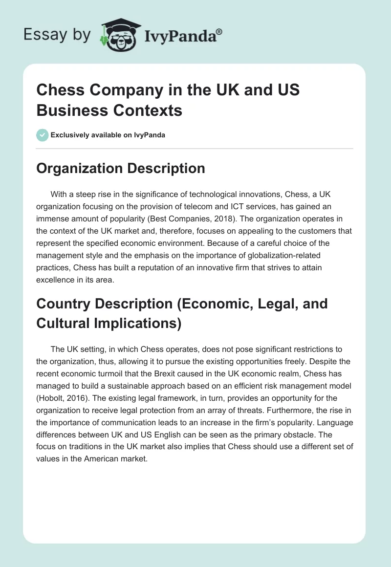 Chess Company in the UK and US Business Contexts. Page 1