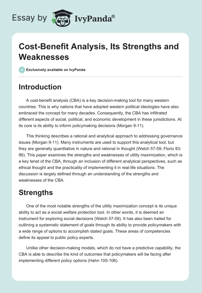 Cost-Benefit Analysis, Its Strengths and Weaknesses. Page 1