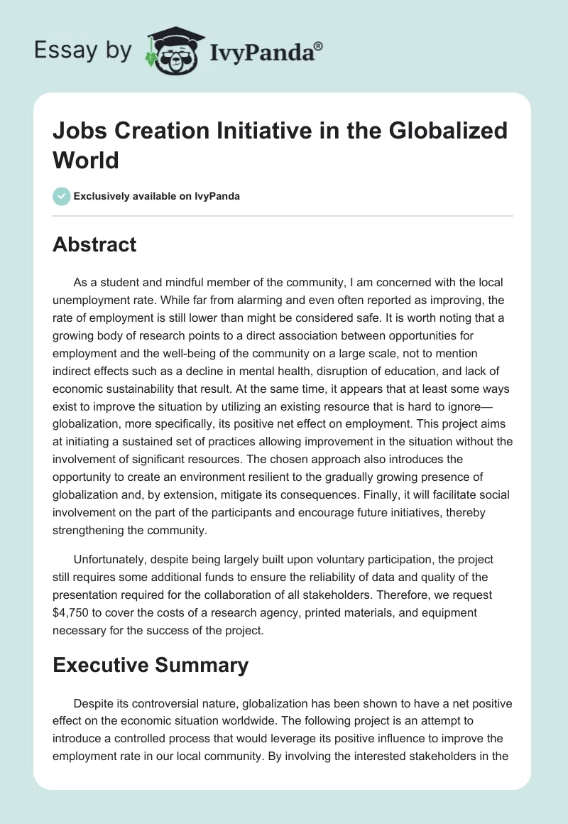 Jobs Creation Initiative in the Globalized World. Page 1