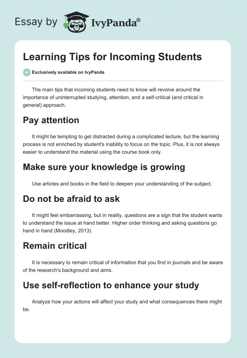 Learning Tips for Incoming Students. Page 1