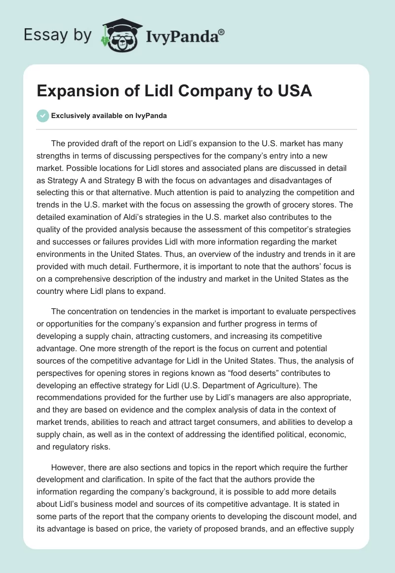 Expansion of Lidl Company to USA. Page 1