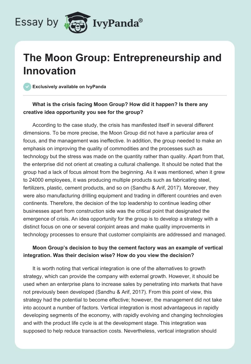 The Moon Group: Entrepreneurship and Innovation. Page 1