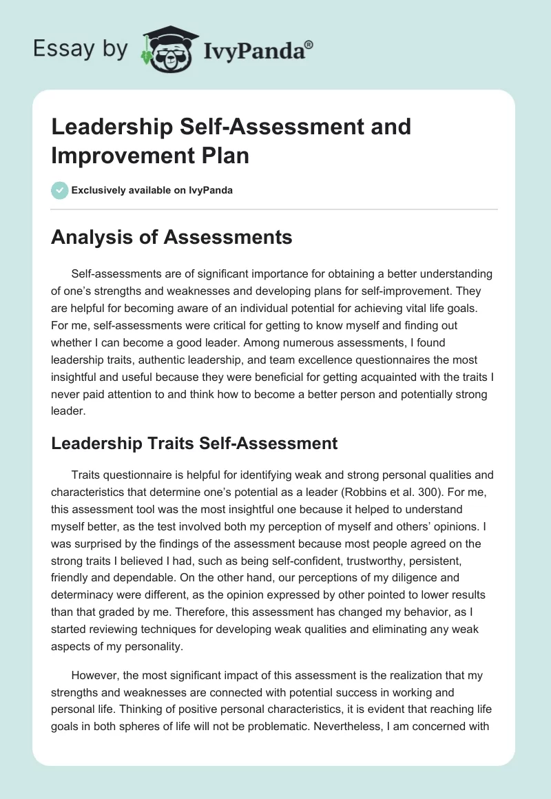 Leadership Self-Assessment and Improvement Plan. Page 1