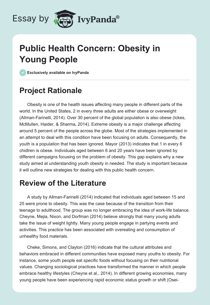 Public Health Concern: Obesity in Young People. Page 1