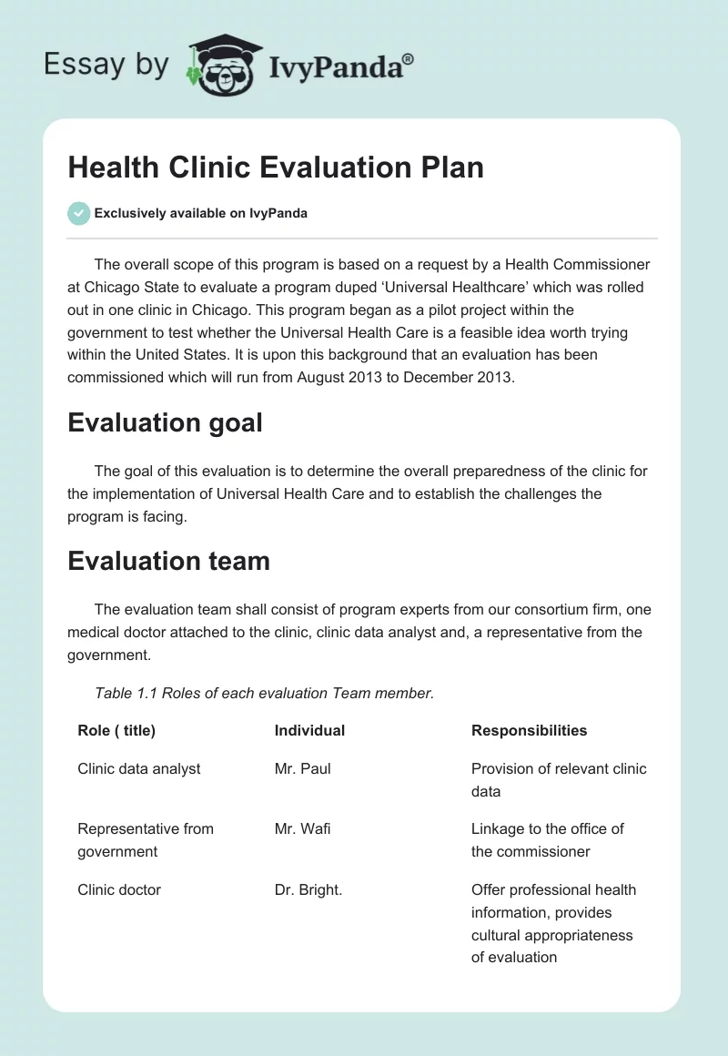 Health Clinic Evaluation Plan. Page 1