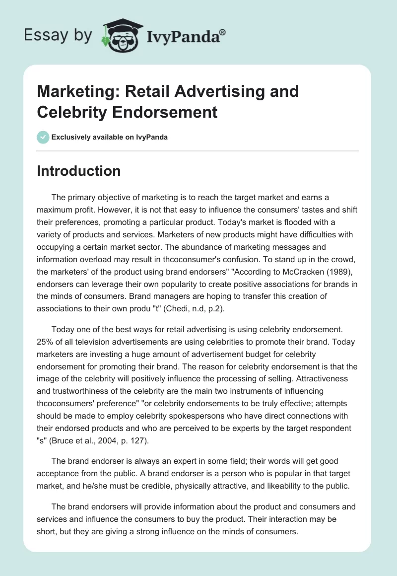 Marketing: Retail Advertising and Celebrity Endorsement. Page 1