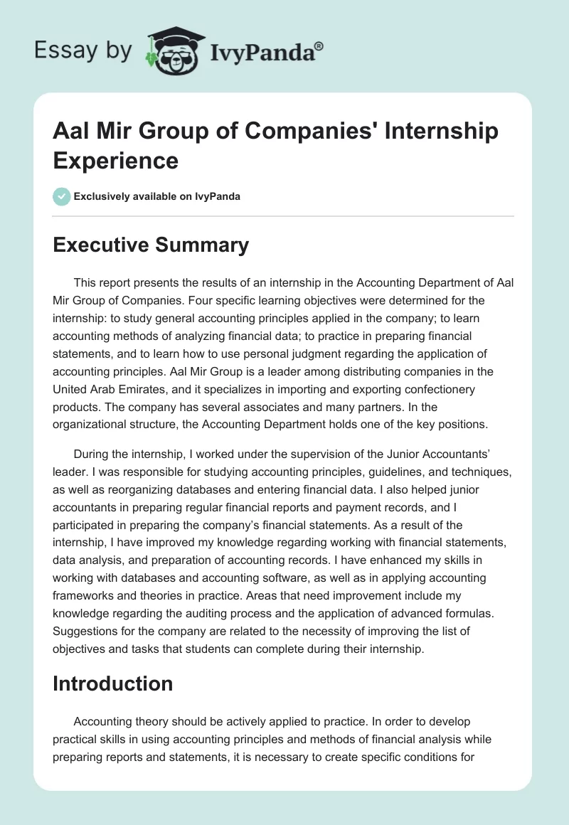 Aal Mir Group of Companies' Internship Experience. Page 1