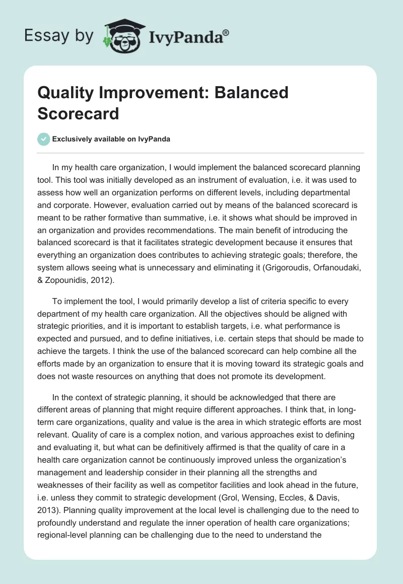 Quality Improvement: Balanced Scorecard. Page 1