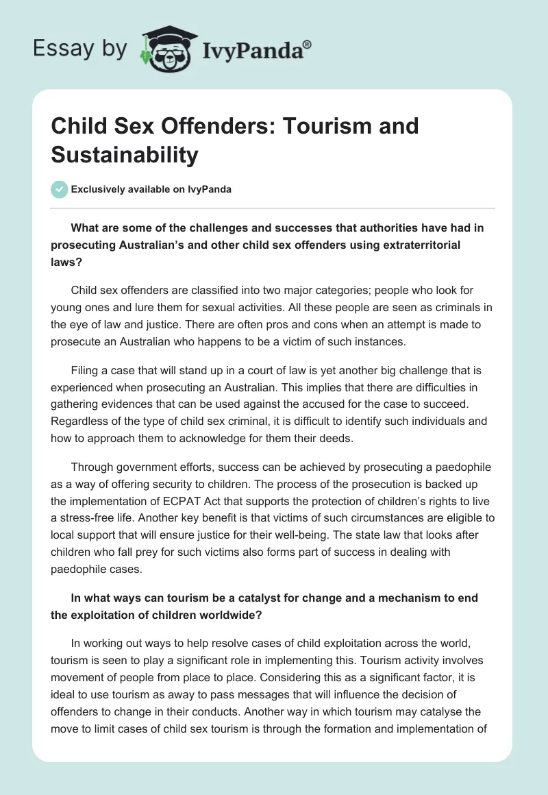 Child Sex Offenders: Tourism and Sustainability. Page 1