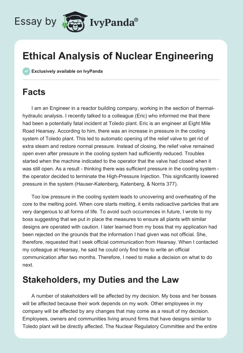 Ethical Analysis of Nuclear Engineering. Page 1